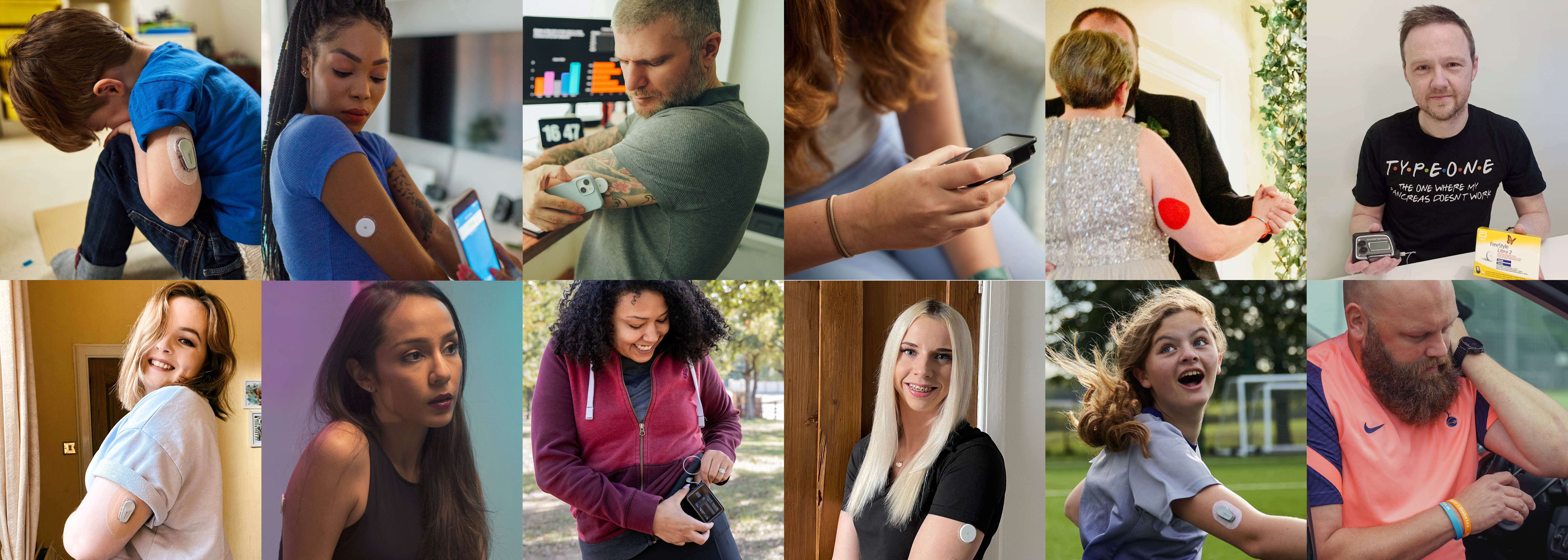 Postcode lookup banner featuring people using diabetes tech