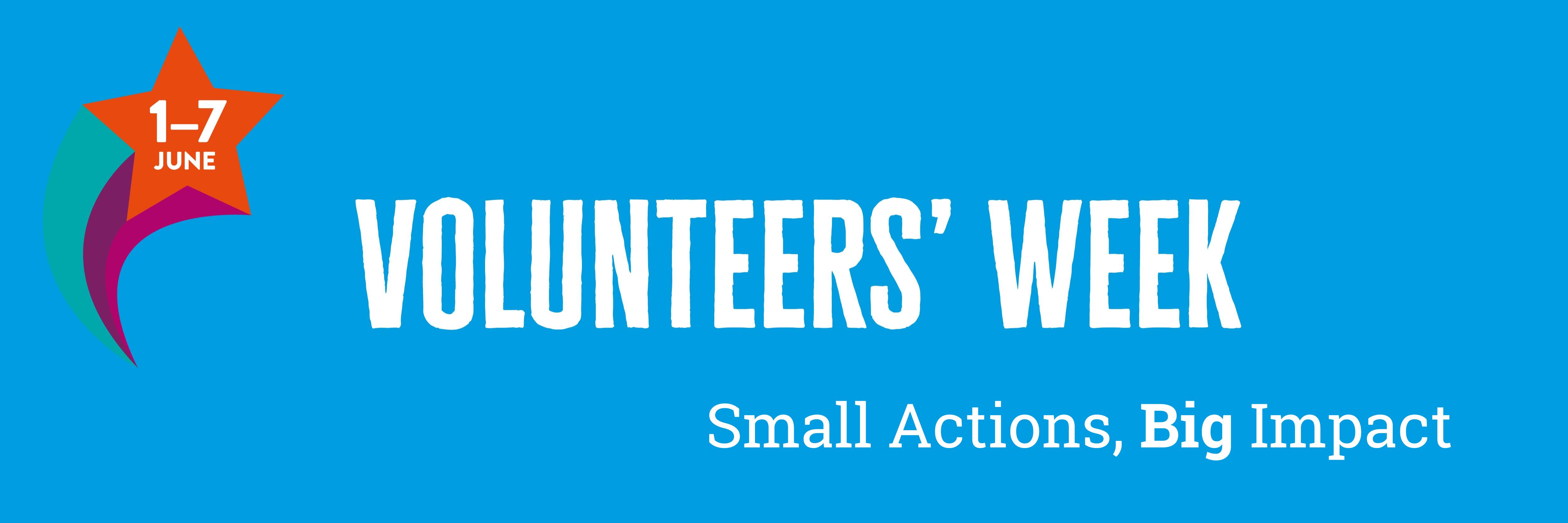 White text saying 'Volunteers' Week Small Actions Big Impact' on light blue background