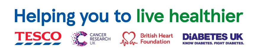 The words 'Helping you to live healthier' in bold. Underneath are the Tesco logo, the Cancer Research UK logo, the British Heart Foundation logo and the Diabetes UK logo.