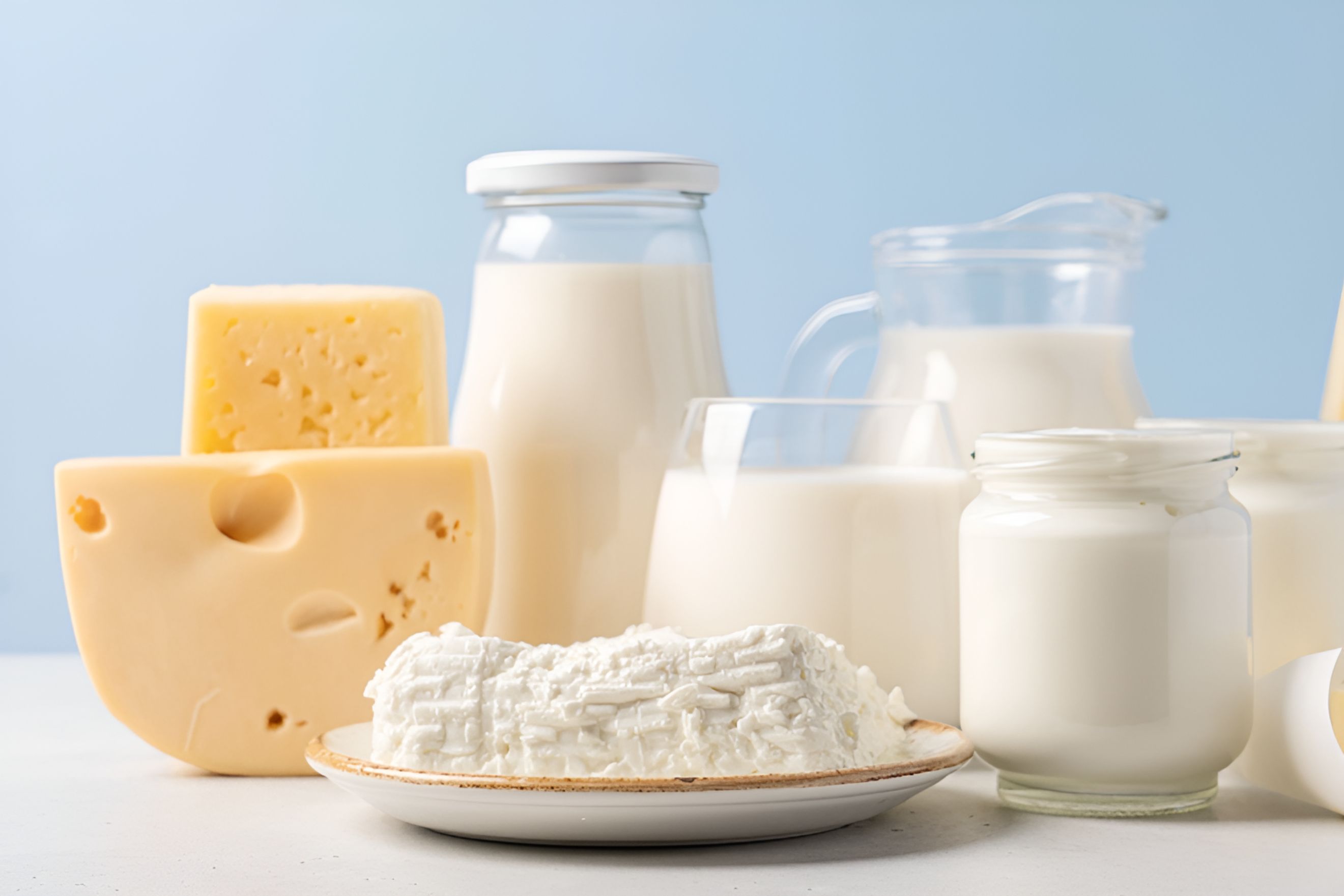 Dairy products on a table.