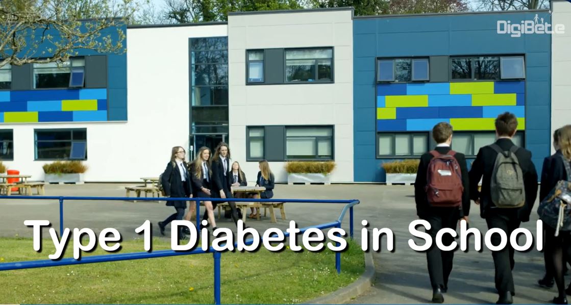 Young people walk around a high school. The words 'Type 1 Diabetes in School' is written across the bottom of the image. 