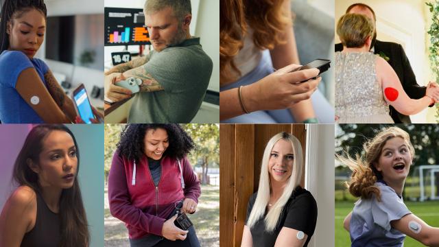 Postcode lookup banner featuring people using diabetes tech