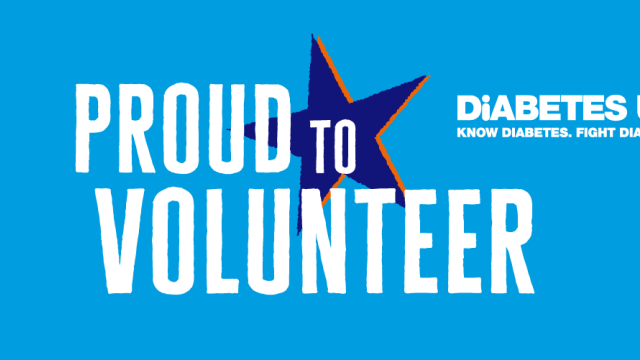 White text saying Proud to Volunteer on a light blue background