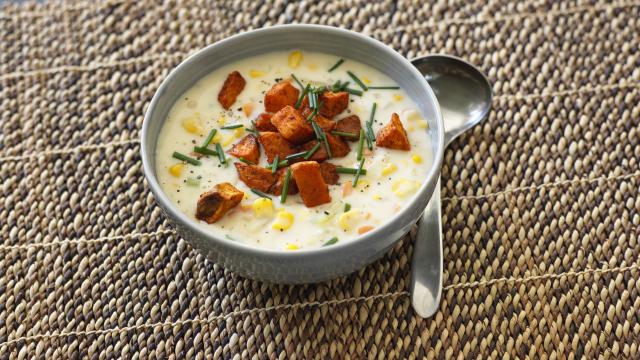 Corn chowder and sweet potato croutons