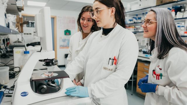 Three scientists in white coats gathered round a microscope