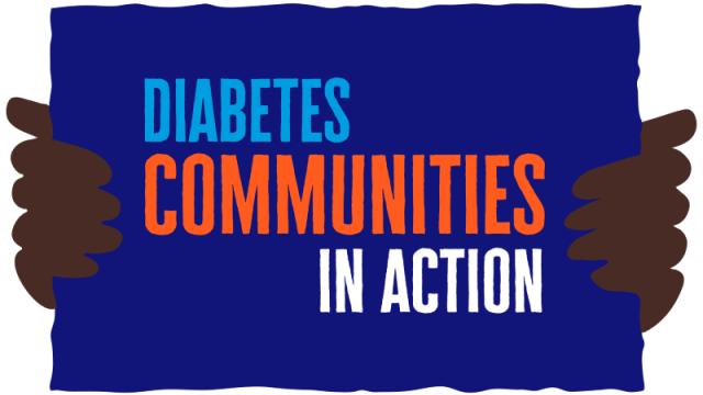 Diabetes UK Communities in Action logo. Illustration of two hands holding up a blue sign that says Diabetes Communities in Action.