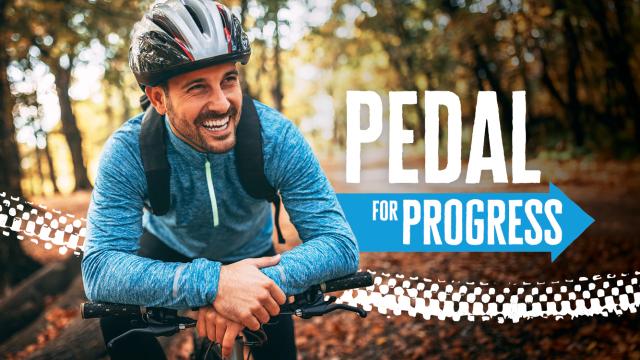 Man leaning on bike handlebars, Pedal for Progress logo