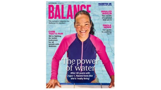 Cover of the Autumn issue of Balance. A woman stands in a swimming pool wearing a long-sleeved swimming costume smiling out at the reader.