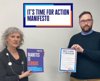 National Director, Tina McCrossan and Policy Manager, Phil Mynes, with the manifesto and a copy of the Diabetes is Serious NI report