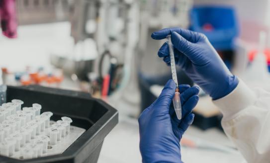 Photo of hands in blue gloves holding a syringe and eppendorf tube