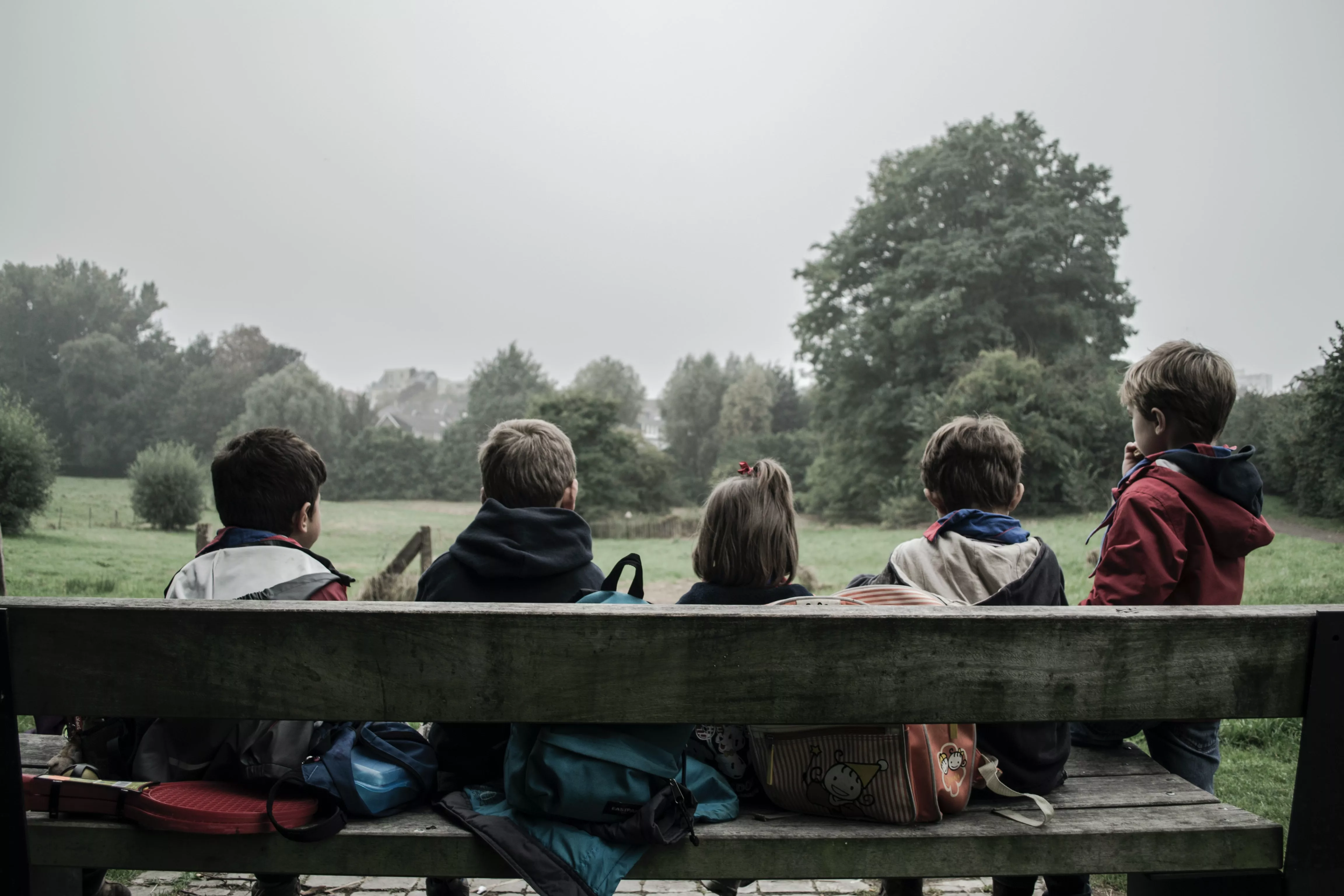 Pictured from behind, children sit on a bench looking towards some trees