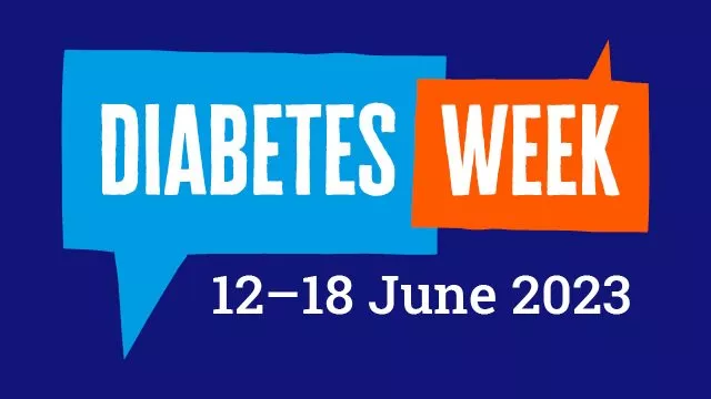 The image shows a dark blue background with text that reads 'Diabetes Week 12 - 18 June 2023'