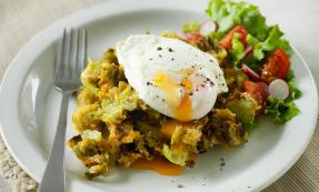 Brussels and bacon hash with poached egg