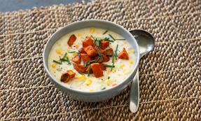 Corn chowder with sweet potato croutons