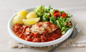 Cod Portugaise with boiled new potatoes and side salad