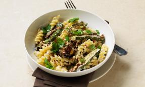 Pasta with aubergine, courgettes, ricotta and pine nuts