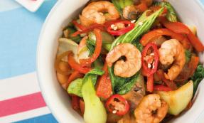 Spicy prawns and pak choi stir-fry