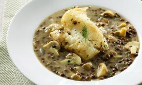 Roast cod with creamy mushroom lentils