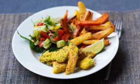 Sole goujons with vegetable chips