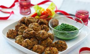 Baked mini spinach and onion bhaji with coriander dip  