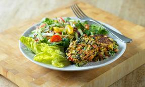 Spinach, corn and chickpea fritters 