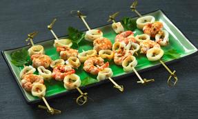 Squid and prawn skewers