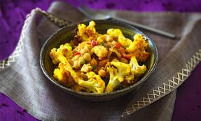 Roasted cauliflower, paneer and chickpea curry 